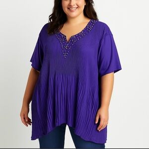 Catherines Purple‎ Crinkle Pleated Beaded Short Sleeve Georgette Top Size 5X